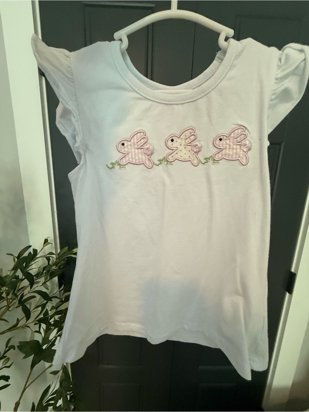 Stitchy Fish White Girls Flutter Sleeve Tee with Pink Bunny Appliqués - 3T